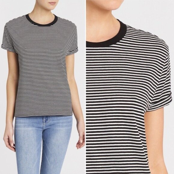 NWT Frame Slouchy Crew Tee M Noir Multi Striped Tshirt Cotton Pinstripe - Picture 2 of 10